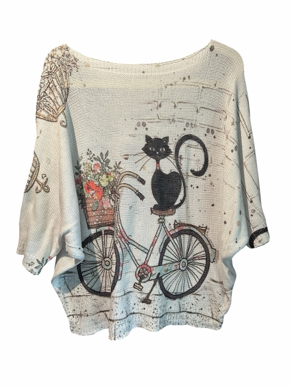 Via Vitale Cream Pullover with Cat on Bicycle Graphic